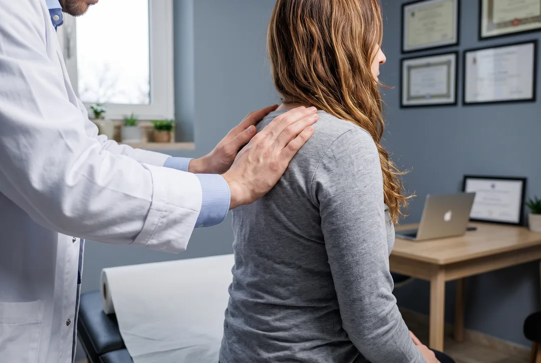 Le mani dell’osteopata sulla parte alta della schiena di una paziente seduta
