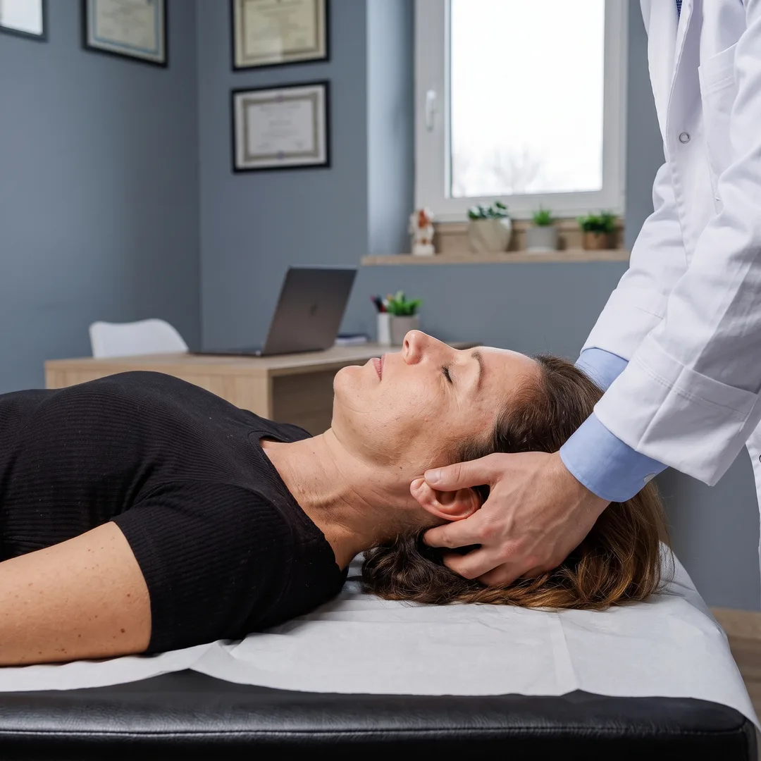 L’osteopata lavora alla base del cranio di una paziente distesa sul lettino