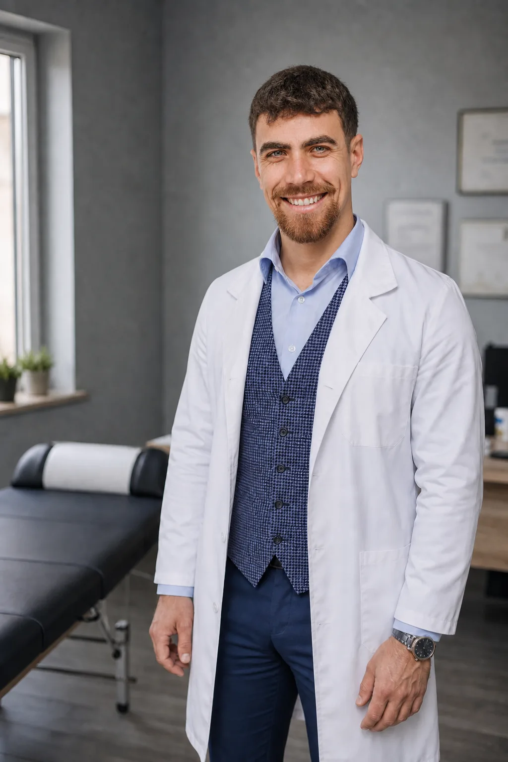 Ritratto dell’osteopata in camice nello studio, accanto al lettino