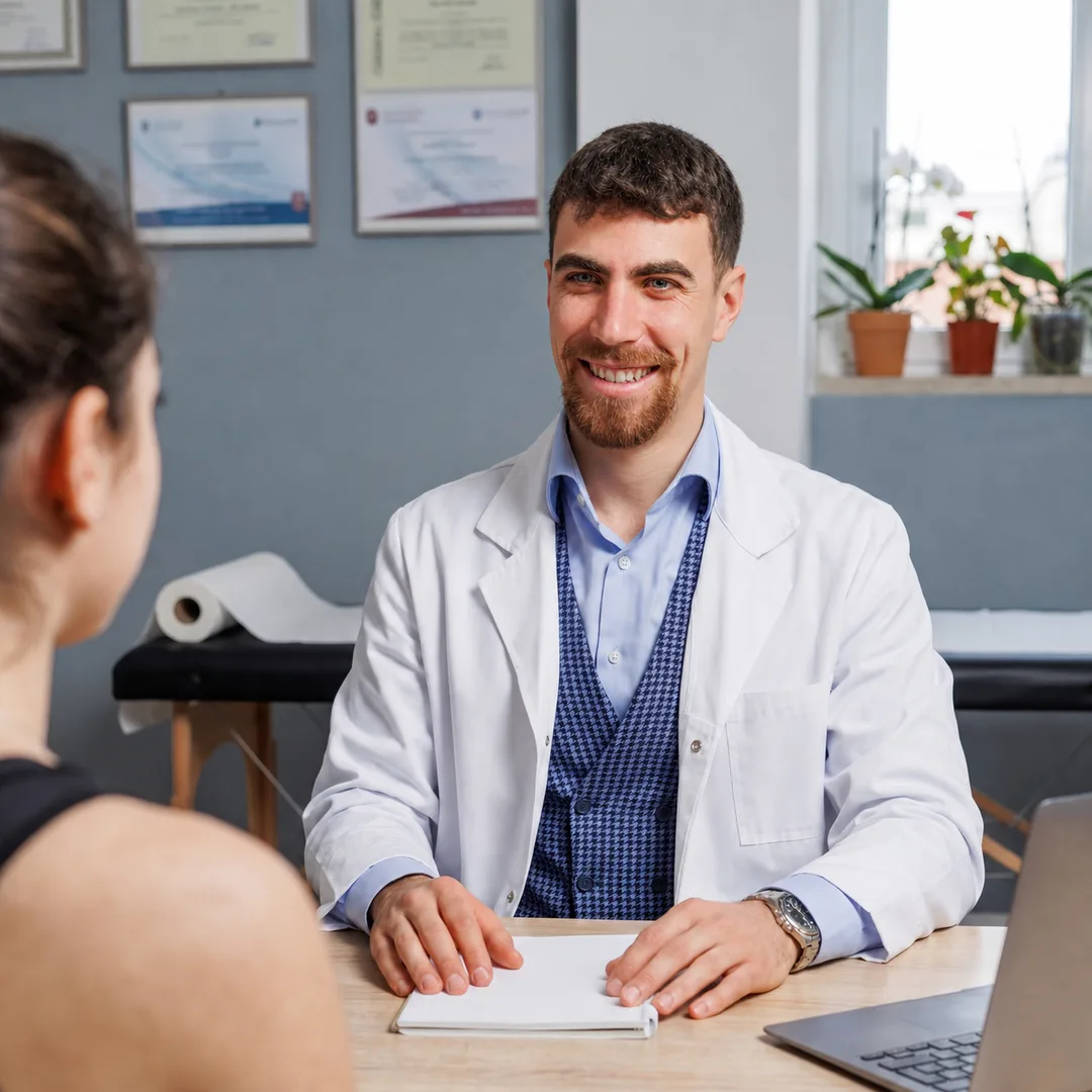 Il colloquio della prima visita: l’osteopata ascolta la paziente alla scrivania