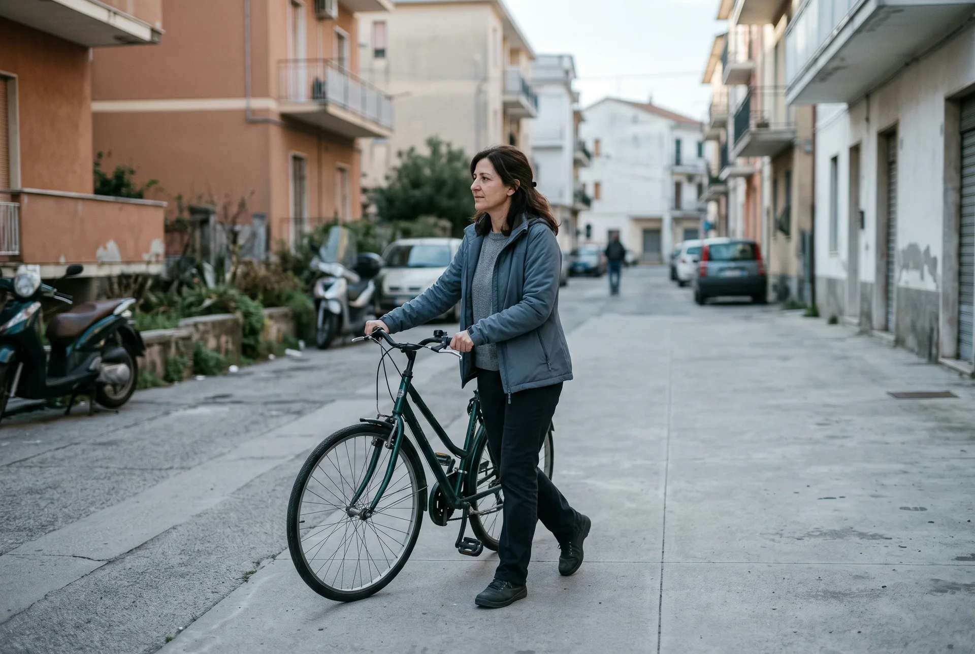 Una donna cammina in strada spingendo la bicicletta, tornata al movimento quotidiano