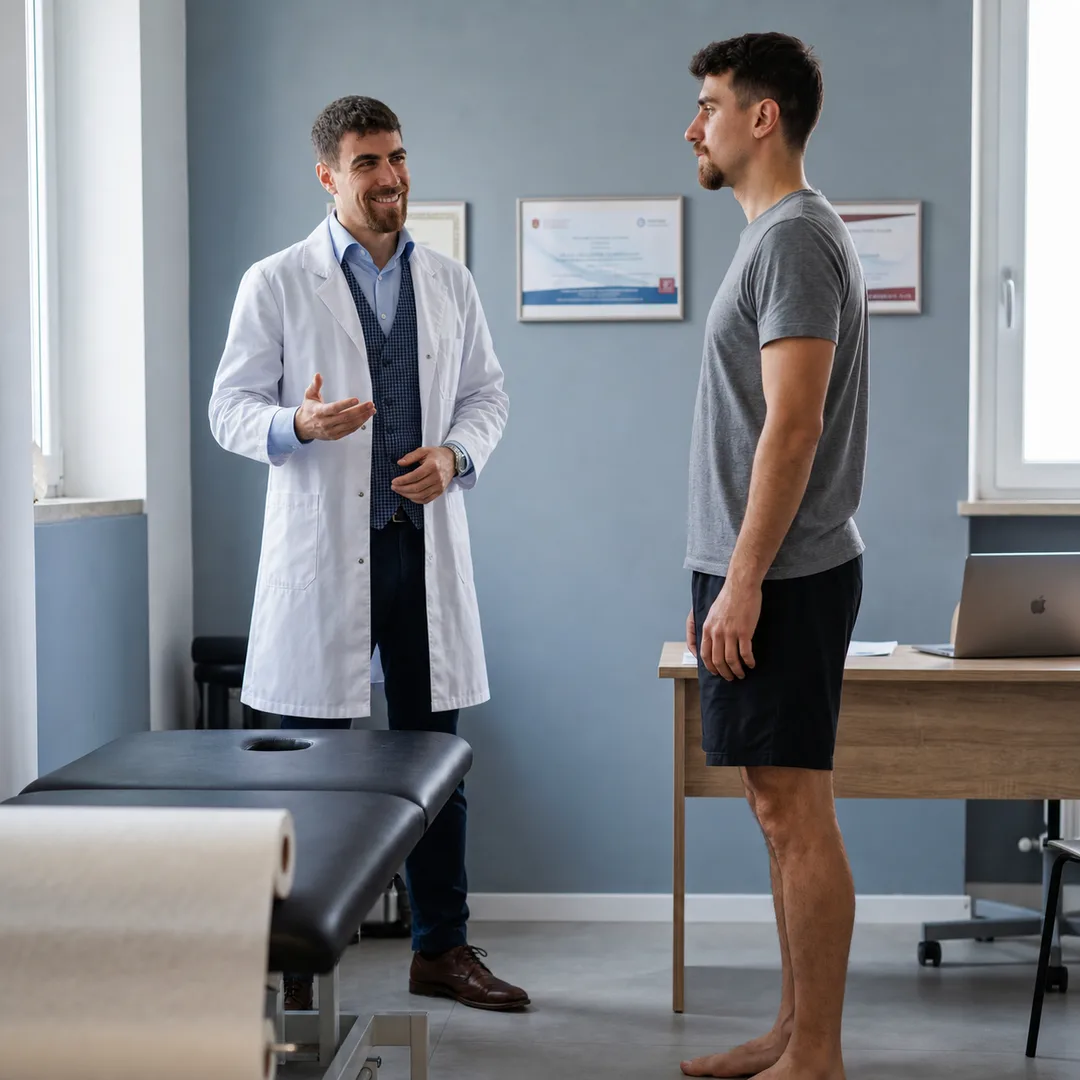 L’osteopata osserva un paziente in piedi durante la valutazione
